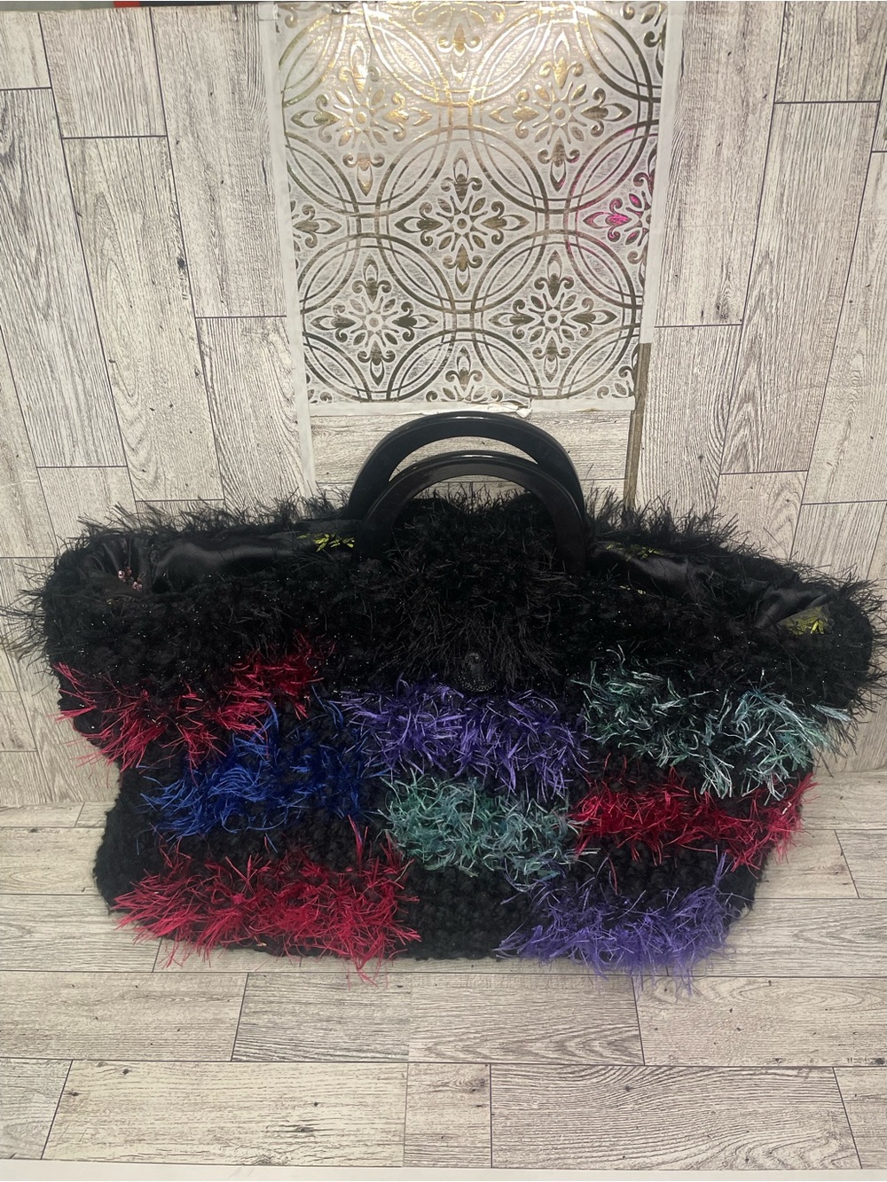 Black & multi-colored feathers crochet purse